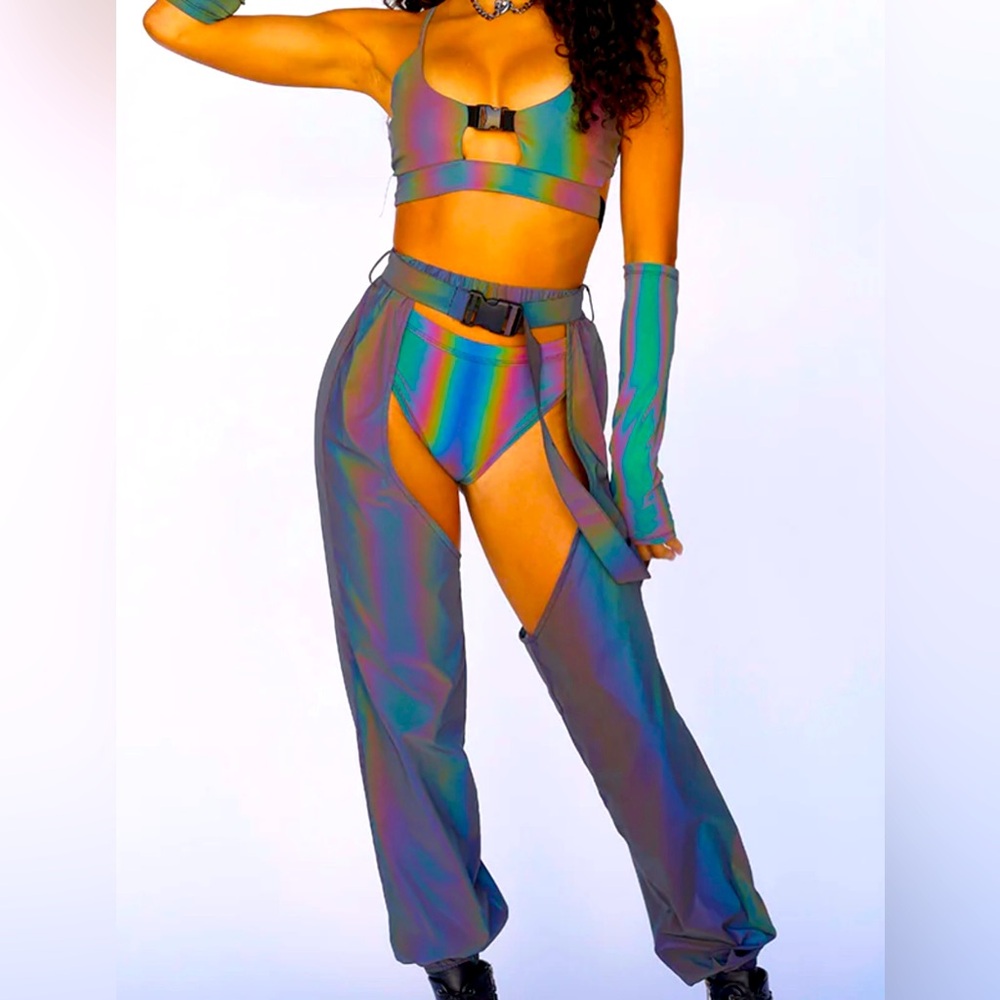False alarm fishnet rainbow reflective chaps And won't let u out reflective top